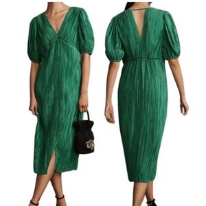 New Anthropologie Women's Green V- Neck Pleated Midi Dress Size XS